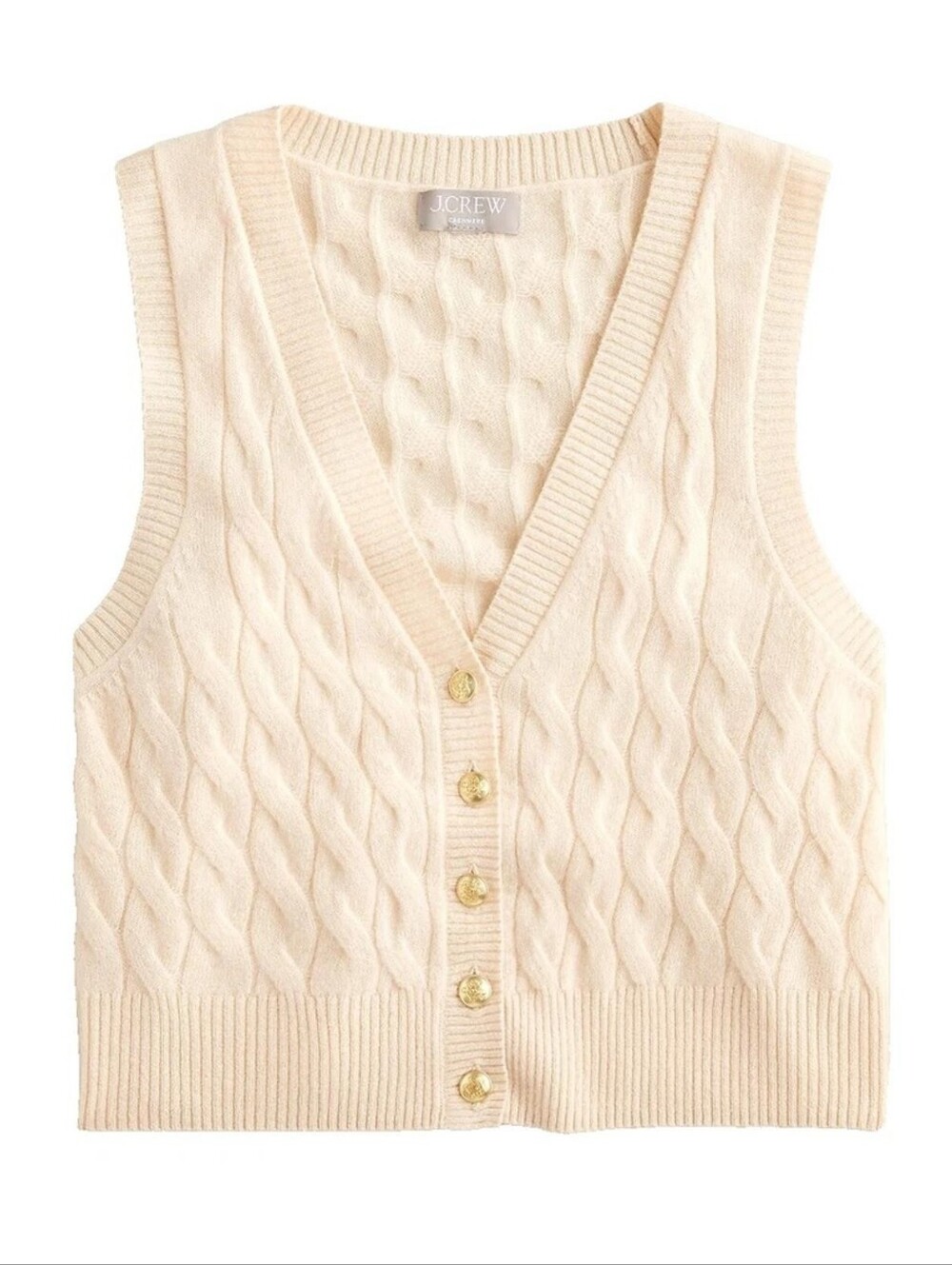 J. Crew Cream Cashmere Sweater Vest Gold Button Front. Detail Cable Knit Medium